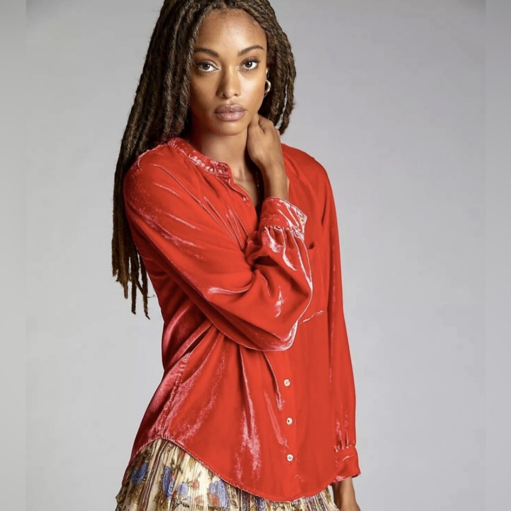 Anthropologie Pilcro Velvet Button Down Puffy Sleeve Shirt Blouse Womens XS Red - Picture 2 of 14